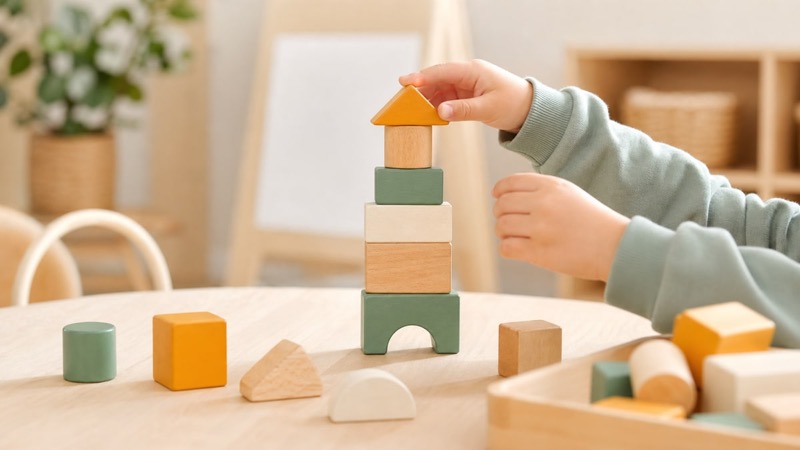 Holzbausteine auf einem Kita-Tisch