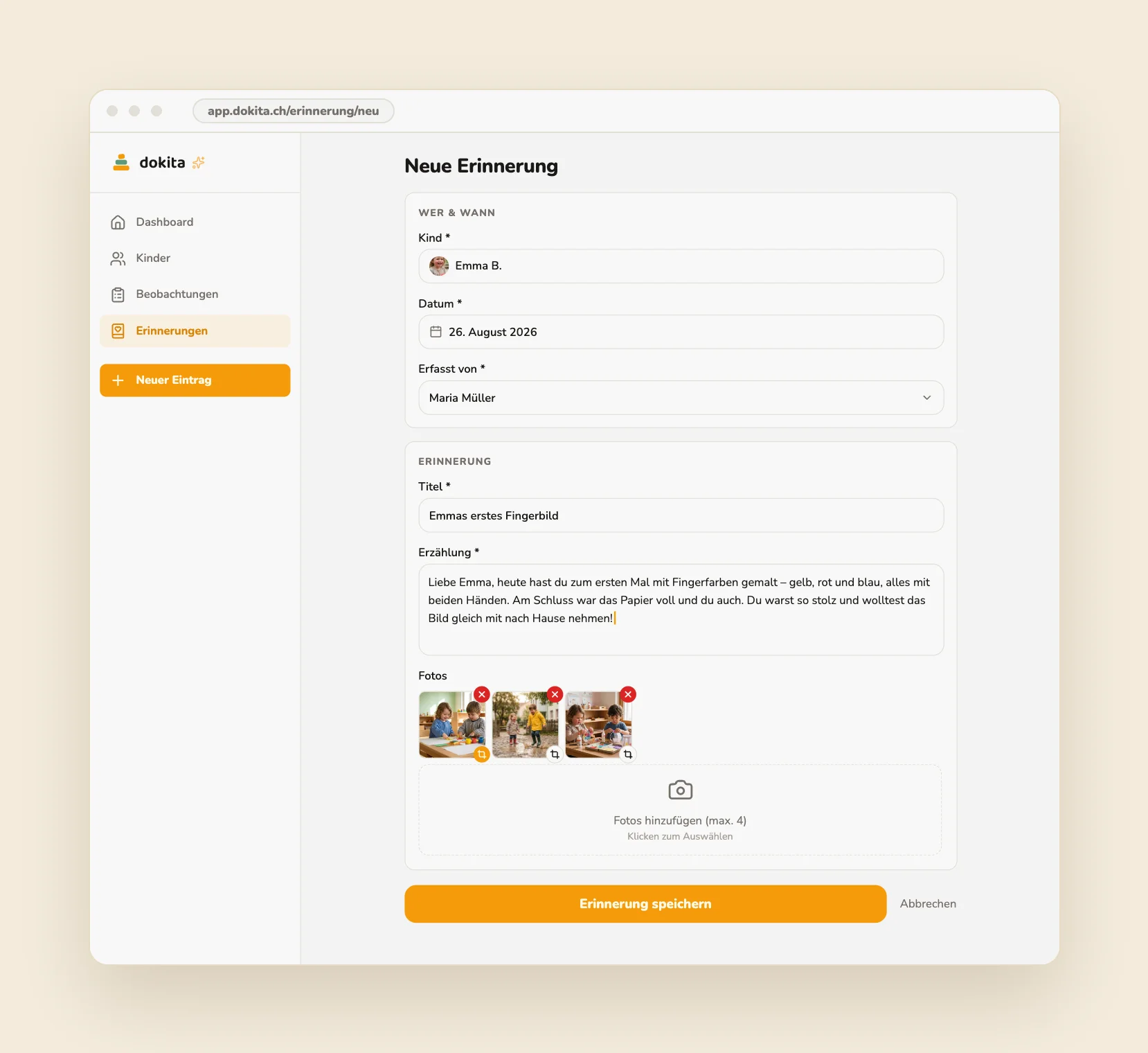 dokita Formular „Neue Erinnerung“ im Browser mit Fotoauswahl